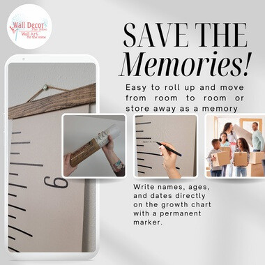 Linen Beige Canvas Height Ruler Growth Chart Wall Art Sign — Growth chart with measurement markings and wooden top hanging