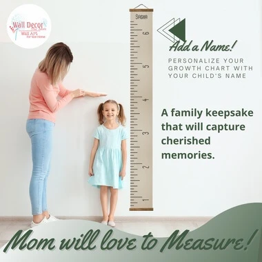 Linen Beige Canvas Height Ruler Growth Chart Wall Art Sign — Wooden growth chart ruler hanging on a wall beside a mother and