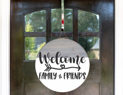 Welcome Friends & Family Vinyl Lettering Wall Decal Quote Sticker on Wood Sign-Black