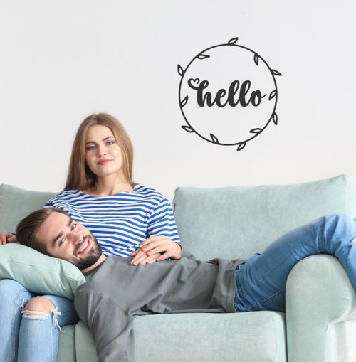 Hello with Wreath Graphic Wall Sticker Vinyl Art for Round Wood Sign Black