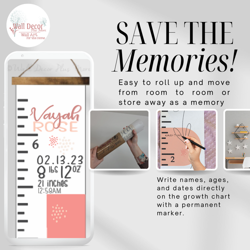 Customize your Canvas Boho Growth Chart with your child's Name, birth date, birth time, weight and length.