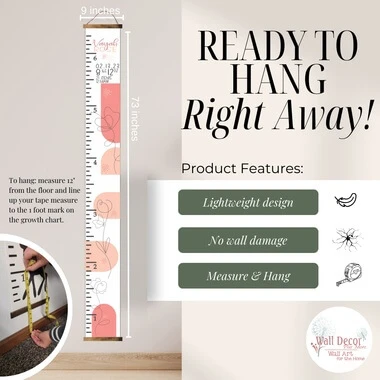 Canvas Boho Floral Growth Chart Child Baby Milestone Height Ruler Tracker Sign — Colorful growth chart with floral designs,