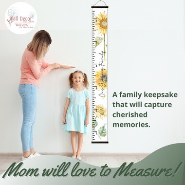 Canvas Sunflower Growth Chart Our Growing Family Height Ruler Sign — Tall wall growth chart with colorful sunflowers,