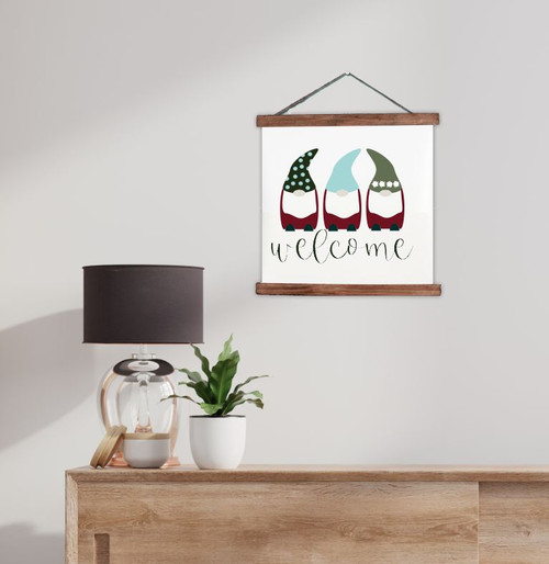 Winter Welcome Gnome Canvas Wall Sign - Perfect Entryway Wall Decor Medium Walnut Wood