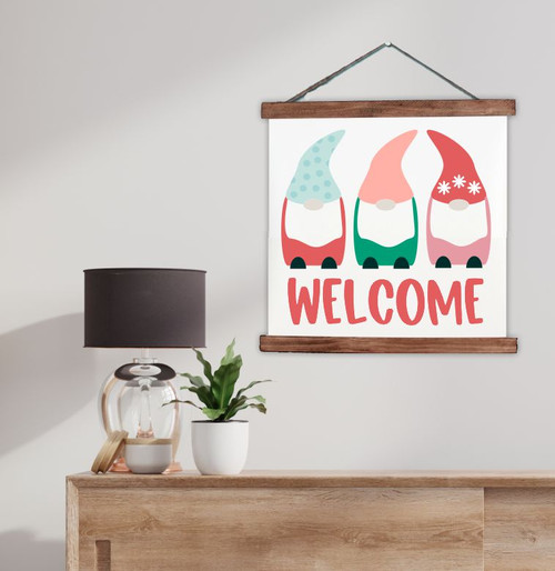Gnome Welcome Canvas Sign Spring Art Canvas Print Seasonal Decor XLarge Walnut Wood
