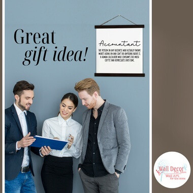 Funny Accountant Canvas Print Modern Office Art Sign — Three individuals discussing a framed wall art piece in an office