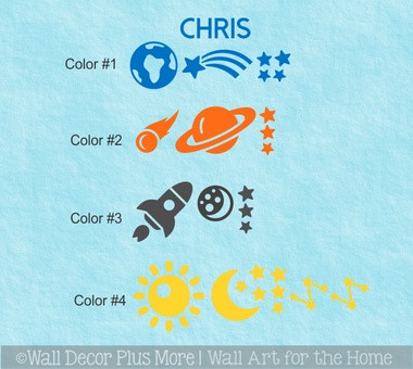 Space Baby Cranial Helmet Decal Custom Stickers — Colorful space-themed stickers in various shapes on a light blue background