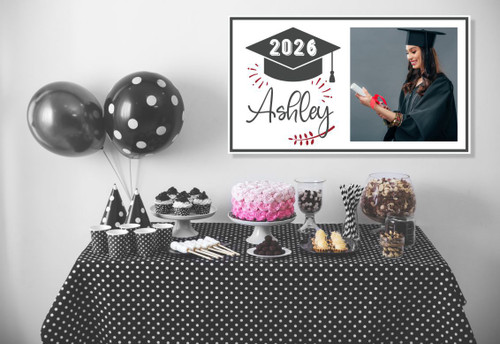 2026 Graduation Hat Banner Personalized Print Sign with Name, Photo Black/Red