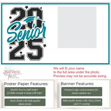 Senior 2026 Name Photo Graduation Banner Custom Poster — Bold black and teal design with large "2025" and "Senior" text on