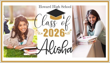 Class of 2026 Name Photo School Graduation Banner Custom Poster — Background with a graduation cap graphic, student lounging