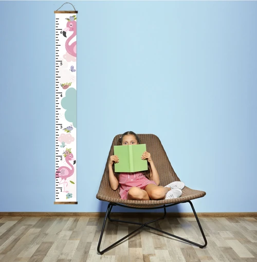 Flamingo Canvas Growth Chart Sign Girls Blush Pink Height Ruler Walnut Wood