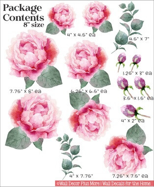 Watercolor Pink Peony Flower Wall Decal Stickers, Set 6 Florals + Greenery — Floral illustrations of pink peonies and green