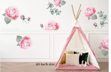 Watercolor Pink Peony Flower Wall Decal Stickers, Set 6 Florals + Greenery — Colorful floral wall decals with pink peonies