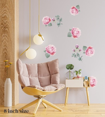 Watercolor Pink Peony Flower Wall Decal Stickers, Set 6 Florals + Greenery — Light pink floral wall decals arranged on a