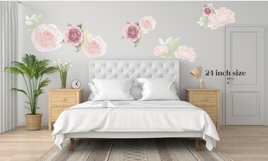 Watercolor Flowers Wall Art Decal Stickers Pastel Rose Cream — Large, soft pastel floral wall decals above a cozy bed in a