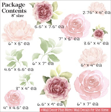 Watercolor Flowers Wall Art Decal Stickers Pastel Rose Cream — Assorted floral wall decals in soft pinks and greens on a