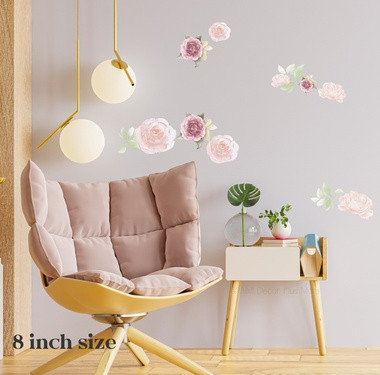 Watercolor Flowers Wall Art Decal Stickers Pastel Rose Cream — Colorful floral wall decals arranged near a cozy seating area