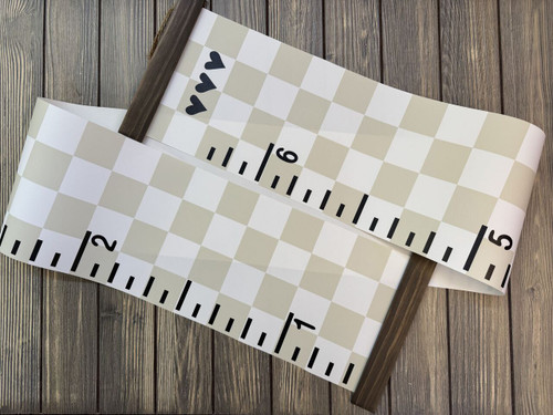 Checkered Canvas Growth Chart Sign: Personalized Height Ruler with Modern Wall Art Design Latte Walnut wood