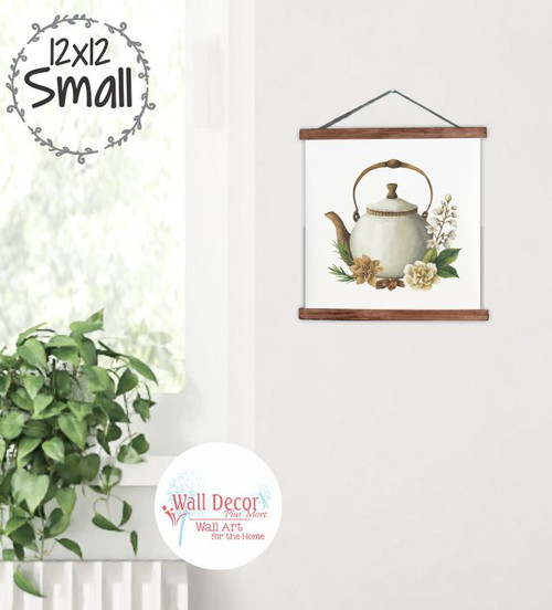 Canvas Wall Hanging Sign Neutral Vintage Florals & Tea Kettle Print 12x12 Walnut Wood