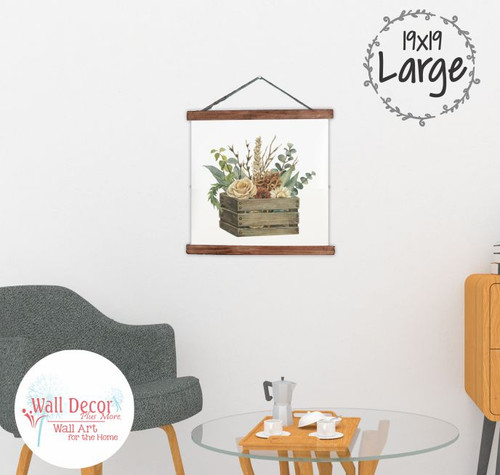 Canvas Wall Sign Rustic Basket Floral Bouquet Farmhouse Style Wall Art 19x19 Walnut Wood