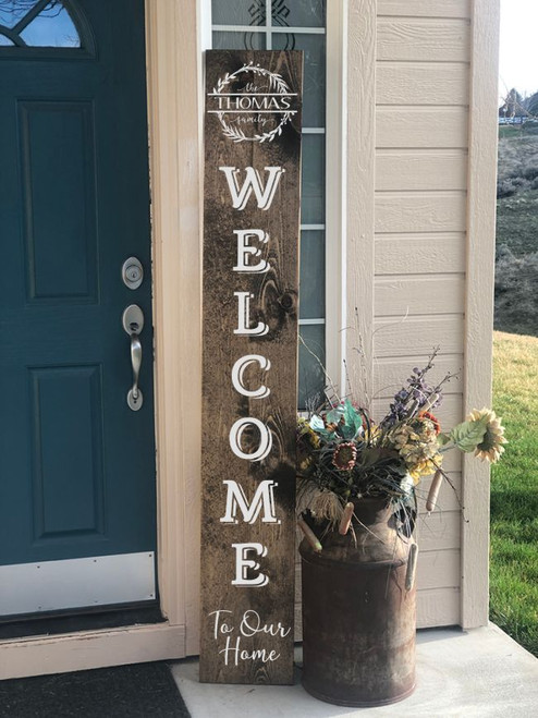 Personalized Family Name Welcome to our Home Vertical Lettering Wreath Vinyl Decal Sticker for Tall Wood Sign Porch Sitter Decor Light Gray