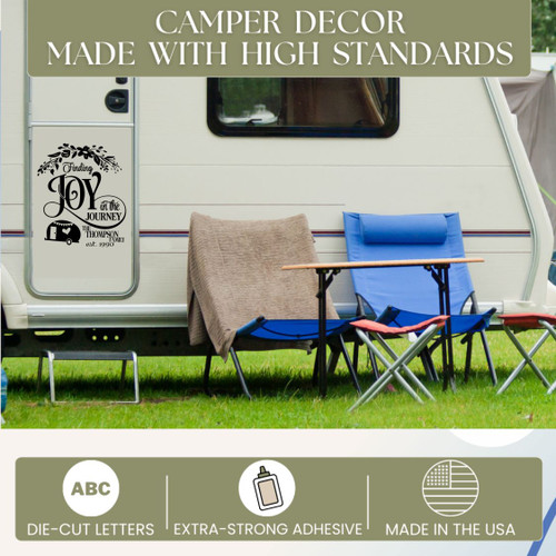 Finding Joy in the Journey Customized Outdoor Camper Door Decal Black
