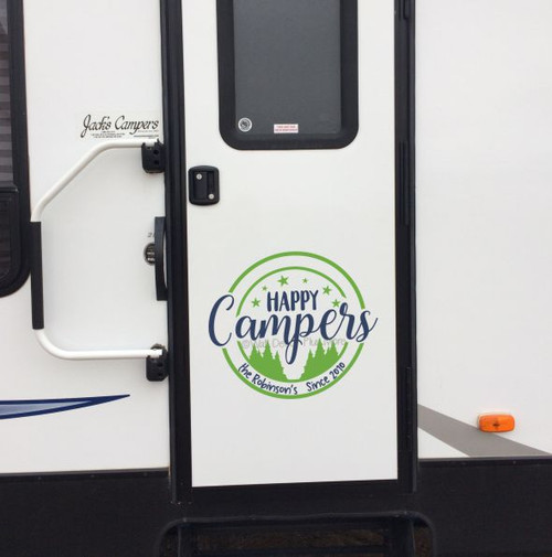 Happy Campers Personalized Custom Family Name & Date Camper Door Decal LimeGreen DeepBlue