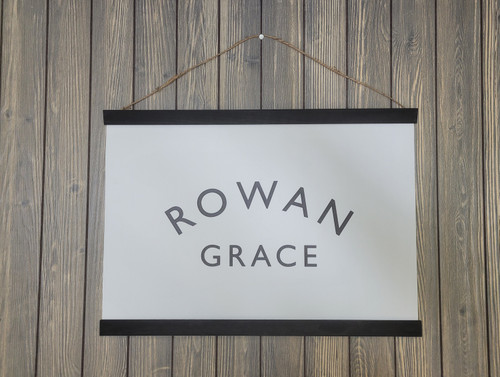 Personalized Canvas Nursery Name Sign Banner - Custom Made in the USA Black Wood Grace lettering