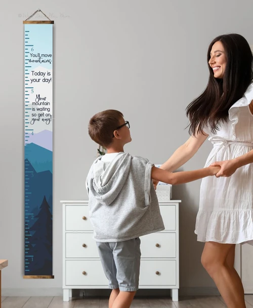 Mountains Canvas Growth Chart Wall Hanging Custom Growth Chart for Kids Walnut Wood