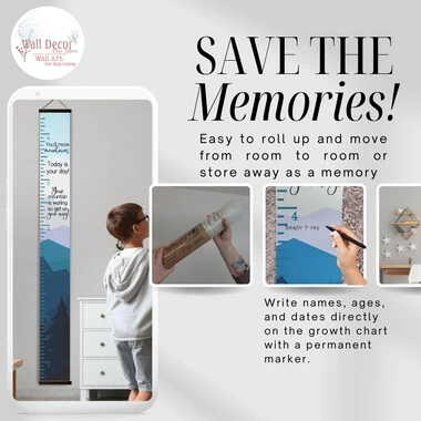 Mountains Canvas Growth Chart Personalized Height Ruler for Kids — Wooden growth chart with pastel mountain design,