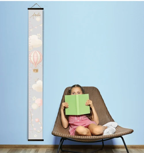 Hot Air Balloon Canvas Growth Chart Wall Hanging Personalizable, Black Wood Frame