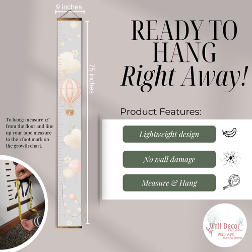 Hot Air Balloon Kids Canvas Growth Chart for Wall Hanging Personalizable