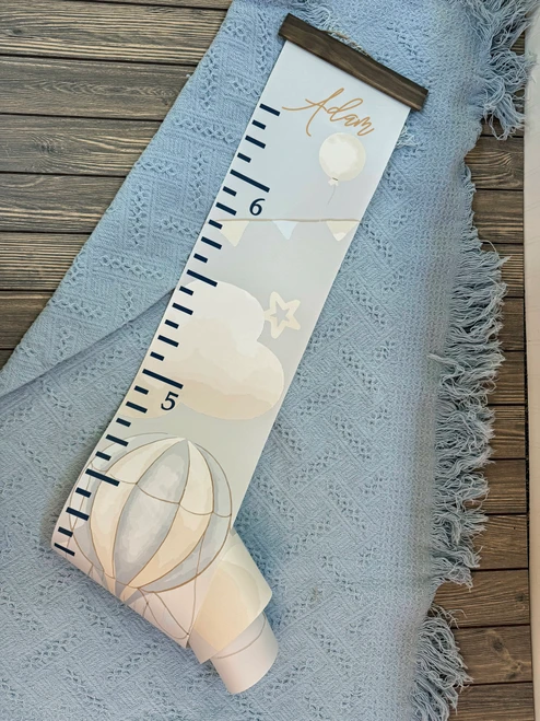 Hot Air Balloon Kids Canvas Growth Chart for Wall Hanging Personalizable rolled up BLUE