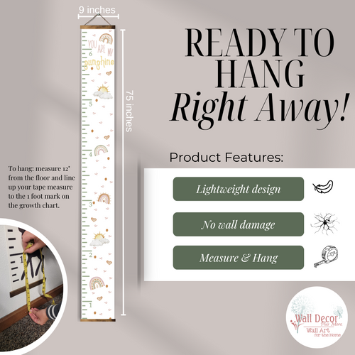 Sunshine Rainbow Girls Canvas Growth Chart for Wall Kids Height ready to hang