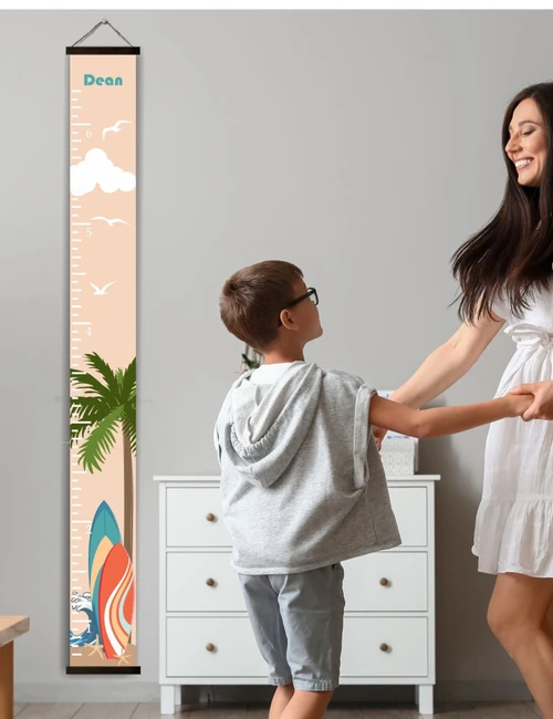 Surfer Waves Canvas Growth Chart Wall Hanging with Personalized Options Walnut Wood