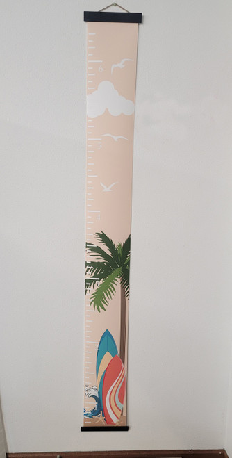 Surfer Waves Kids Canvas Sign Growth Chart For Wall Height Ruler Black Wood