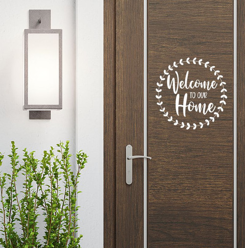 Round Wood Sign Decal Welcome to Our Home Porch Decor Wall Vinyl Sticker White