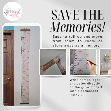 Ribbons Bows Canvas Growth Chart Height Ruler Sign — Tall growth chart with pink flamingo design, hung on a wooden wall