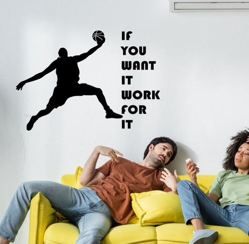 Want It Work For It Boys Room Decor Basketball Wall Sticker Sports Quote Black