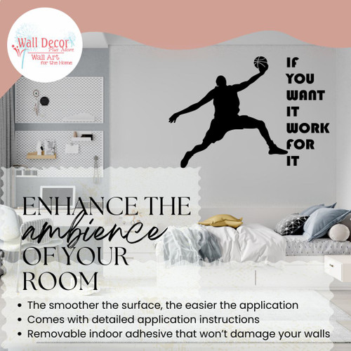 Want It Work For It Boys Room Decor Basketball Wall Sticker Sports Quote Black enhance