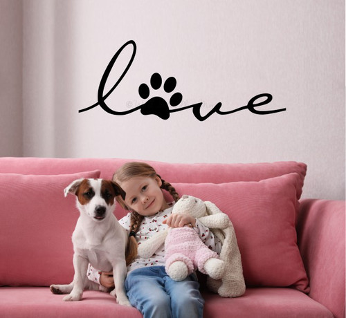Cursive Love Wall Words Vinyl Decal Pawprint Dog Cat Pet Lover Decor Black