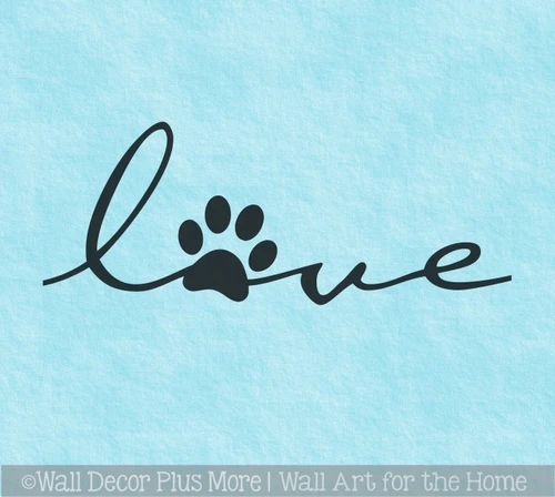 Love Wall Vinyl Decal Pawprint Pet Lover Decor Quote — Black cursive word "love" with a paw print on light blue background