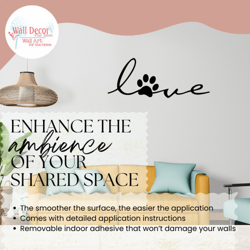 Cursive Love Wall Words Vinyl Decal Pawprint Dog Cat Pet Lover Decor Blk enhance