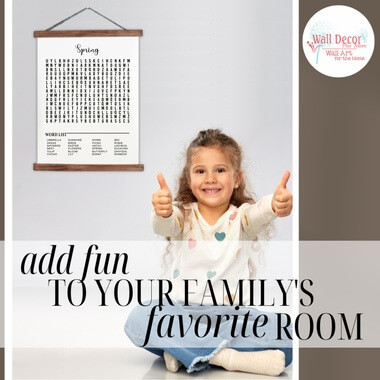 Spring Canvas Wall Art Print Sign Word Search Game — Young girl smiling and giving thumbs up in cozy room setting