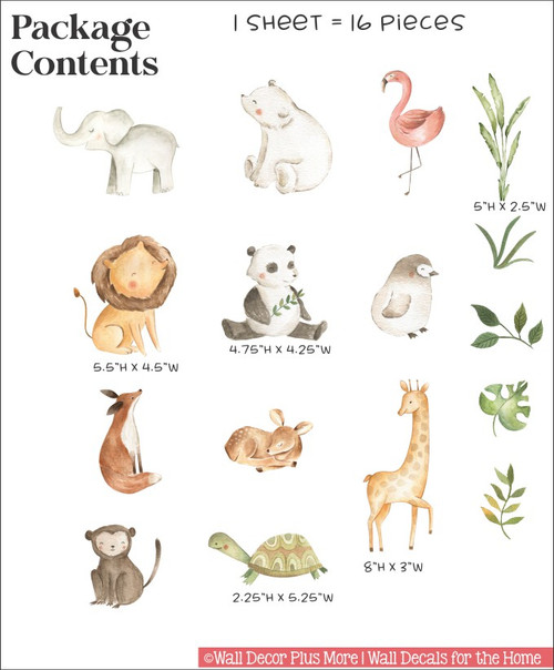 Cute Watercolor Wild Animals Wall Stickers Peel n Stick Decorative Art pkg contents