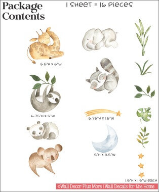 Sleeping Animals Greenery Stars Wall Stickers for Kids Room Decor
