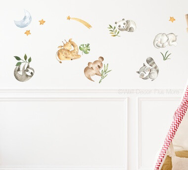 Sleeping Animals Greenery Stars Wall Stickers for Kids Room Decor — Whimsical animal illustrations in soft colors on a white