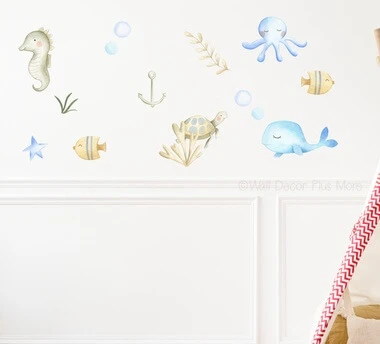 Under the Sea Watercolor Wall Stickers Ocean Nursery Decor — Colorful underwater-themed wall decals including sea creatures