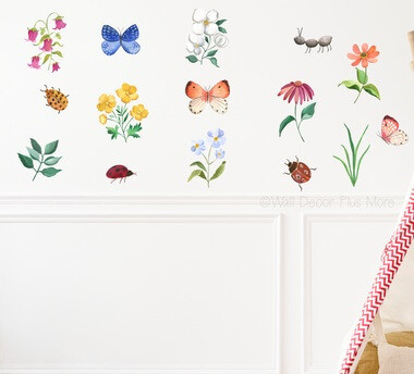 Vibrant Florals Butterfly Ladybug Wall Art Sticker Decals — Colorful wall decals of flowers, butterflies, and insects on a