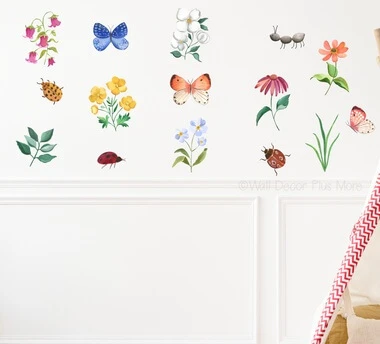Vibrant Florals Butterfly Ladybug Wall Art Sticker Decals — Colorful wall decals of flowers, butterflies, and insects on a